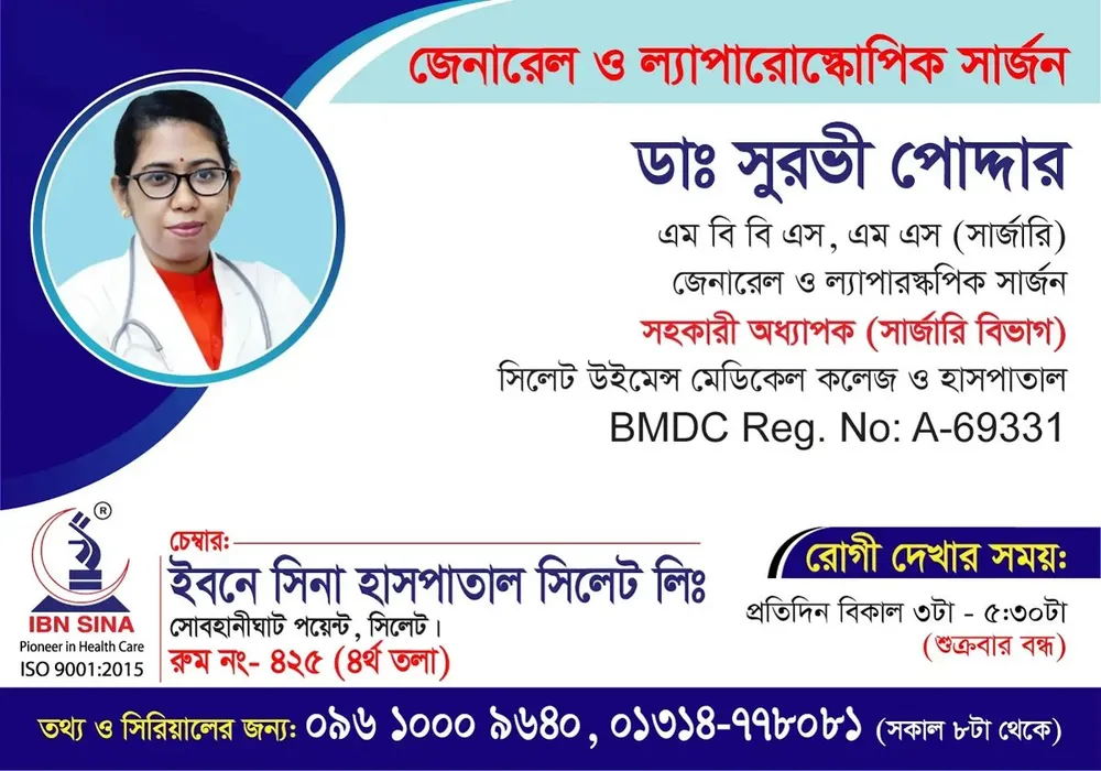 ডা. সুরভী পোদ্দার (Dr. Suravi Podder) – জেনারেল ও ল্যাপারোস্কোপিক সার্জন, ইবনে সিনা হাসপাতাল সিলেট লিঃ, রোগী দেখার সময় বিকাল ৩টা – ৫:৩০টা, সিরিয়াল ০৯৬১০-০০৯৬৪০