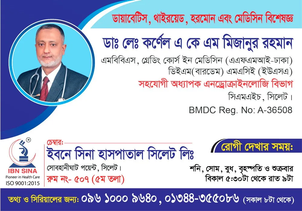 লে. কর্নেল ডা. এ কে এম মিজানুর রহমান (Lt. Col. Dr. A K M Mizanur Rahman) – ডায়াবেটিস, থাইরয়েড, হরমোন এবং মেডিসিন বিশেষজ্ঞ, ইবনে সিনা হাসপাতাল সিলেট লিঃ, রোগী দেখার সময় বিকাল ৫:৩০টা – রাত ৯টা, সিরিয়াল ০৯৬১০-০০৯৬৪০