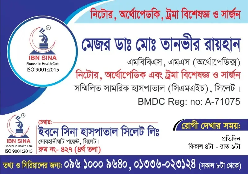 মেজর ডা. মোঃ তানভীর রায়হান (Major Dr. Md. Tanvir Rayhan) – নিটোর, অর্থোপেডিক এবং ট্রমা বিশেষজ্ঞ ও সার্জন, ইবনে সিনা হাসপাতাল সিলেট লিঃ, রোগী দেখার সময় বিকাল ৪টা – রাত ৯টা, সিরিয়াল ০৯৬১০-০০৯৬৪০