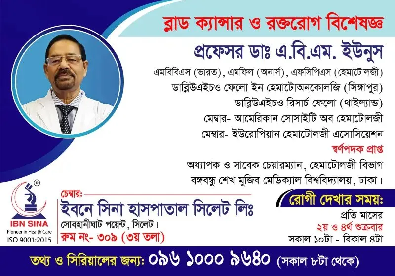প্রফেসর ডা. এ.বি.এম. ইউনুস (Prof. Dr. A.B.M. Younus) – ব্লাড ক্যান্সার ও রক্তরোগ বিশেষজ্ঞ, ইবনে সিনা হাসপাতাল সিলেট লিঃ, রোগী দেখার সময় সকাল ১০টা – বিকাল ৪টা, সিরিয়াল ০৯৬১০-০০৯৬৪০