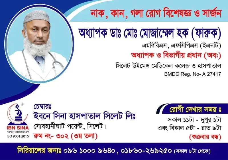 অধ্যাপক ডা. মোঃ মোজাম্মেল হক (ফারুক) (Prof. Dr. Md. Mozammel Haque (Faruk)) – নাক, কান, গলা রোগ বিশেষজ্ঞ ও সার্জন, ইবনে সিনা হাসপাতাল সিলেট লিঃ, রোগী দেখার সময় সকাল ১১টা – দুপুর ১টা, সিরিয়াল ০৯৬১০-০০৯৬৪০